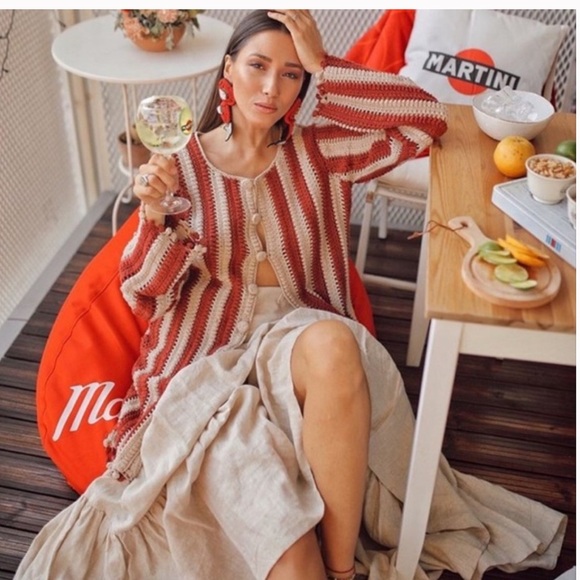 Zara collection crochet knit long boho cardigan coat two tone striped - Picture 2 of 13